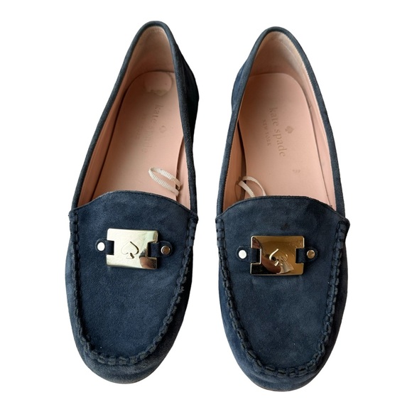 Kate Spade Carmen Navy Blue Suede Silver Emblem Driving Loafer Leather Upper - Picture 4 of 11